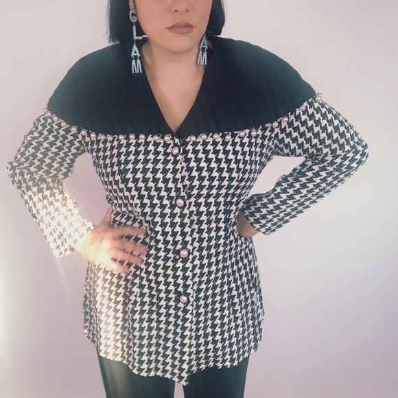 Vintage Houndstooth Pearl Drops Blazer Blouse - Picture 3 of 8